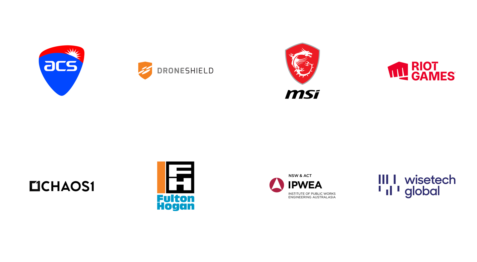 Logos for Australian Computer Society, Droneshield, MSI, Riot Games, Chaos1, Fulton Hogan, NSW & ACT IPWEA, Wisetech Global